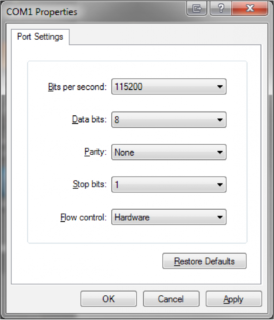 Siretta Modem Terminal COM port settings